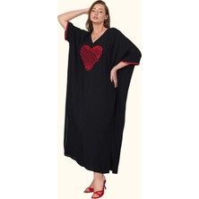 Keyifli Moda Kadın Siyah V Yaka Kalp Nakışlı Cepli Oversize Uzun Elbise