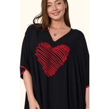 Keyifli Moda Kadın Siyah V Yaka Kalp Nakışlı Cepli Oversize Uzun Elbise