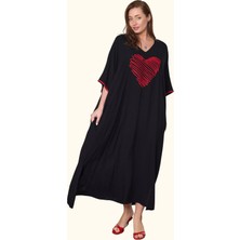 Keyifli Moda Kadın Siyah V Yaka Kalp Nakışlı Cepli Oversize Uzun Elbise