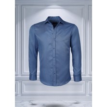 Kolay Ütülenebilen Dört Mevsim Modern Fit Yumuşak Dokulu Indigo Düz Erkek Gömlek