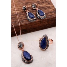 Sümer Telkari Safir Taşlı Damla Rose Gümüş Set 2075