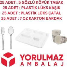 25 Adet Kullan At Toplu Yemek Seti 5 Gözlü Köpük Tabak, Çatal, Kaşık, Karton Bardak