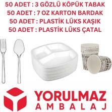 50 Adet Kullan At Toplu Yemek Seti 3 Gözlü Köpük Tabak, Çatal, Kaşık, Karton Bardak