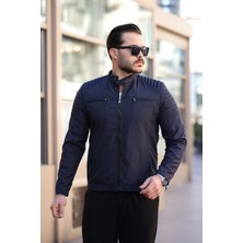 Erkek Lacivert Su ve Rüzgar Geçirmez Slim Fit Astarlı Mevsimlik Mont