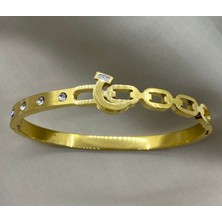 By Nur Takı Çelik Gold Renk Ay Model Kelepçe Bileklik