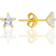 Gümüş Zirkon Taşlı, Altın Yaldızlı, Yıldız Kesim 5 mm Tektaş Küpe SGTL12737GOLD