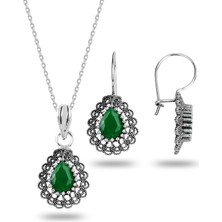Söğütlü Silver Gümüş Kök Zümrüt Taşlı Oksitli Telkari Işlemeli Damla Kolye ve Küpe Ikili Set  SGTL12734YESIL