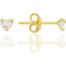 Gümüş Zirkon Taşlı, Altın Yaldızlı, Kalp Kesim 3 mm Tektaş Küpe SGTL12738GOLD