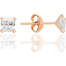 Gümüş Zirkon Taşlı,rose, Kare (Prenses) Kesim 4 mm Tektaş Küpe SGTL12742ROSE