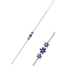 Söğütlü Silver Gümüş Rodyumlu Markiz Kesim Safir Taşlı Lotus Çiçekler Su Yolu Bileklik SGTL12761 Lacivert