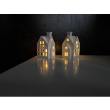 3D Fabrick Kış Evleri 2'li Set Dekoratif Noel Evleri Tealight Mumluk