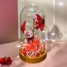 Nunu Kelebekli LED Fanus ,solmayan Güllü,pembe Peluş Ayılı ve Aşk Sözlü Sevgililer Günü Hediyesi