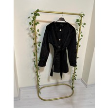 Düğmeli Beli Bağlamalı Kürklü Ceket Siyah