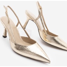 Marjin Kadın Stiletto Yanları Açık Bantlı Sivri Burun Klasik Topuklu Ayakkabı Suder Altın