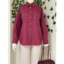 Mac Moda Kristal Taş Çakımlı Poplin Gömlek-Bordo