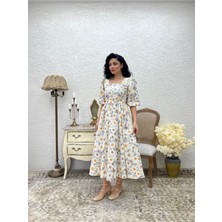 Küçüğüm Butik Kahve Açelya Çiçeği Kare Yaka Kloş Elbise