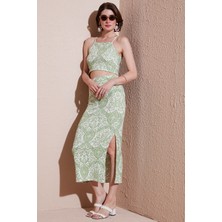 Lela Slim Fit Ip Askılı Yırtmaçlı Midi Alt-Üst Takım Bayan Takım 5869021
