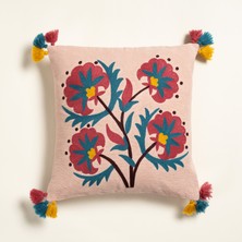 Ghunı Püsküllü Nakışlı Pamuk Pamuk Kırlent 50X50 cm Açık Pembe