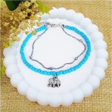 Mavi Kesme Boncuk & Dorika Zincir Fil Figürlü Kadın Halhal