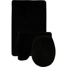 Bonny Home Ultrasoft Deri Tabanlı Siyah Damask Desenli 3'lü Banyo ve Klozet Paspas Seti 60x90-50x60-40x45 cm