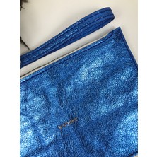 Troyder Deri Clutch Çanta Parlak Mavi Renk