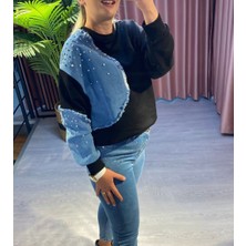 Füme Style Kadın Taş ve Kot Detaylı Siyah Sweatshirt