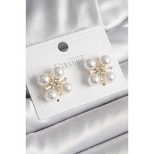 Çarşı Point Pirinç Gold Renk Zirkon Taşlı İncili Kadın Küpe