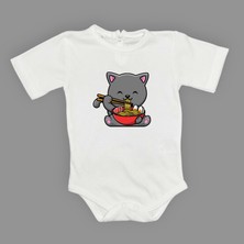 Mnk Baby & Kids Yemek Yiyen Kedi Baskılı Bebek Çıtçıtlı Body Uzun Kısa Kolsuz M00690