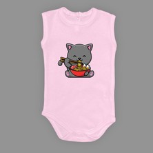 Mnk Baby & Kids Yemek Yiyen Kedi Baskılı Bebek Çıtçıtlı Body Uzun Kısa Kolsuz M00690