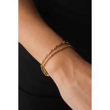 By Florya Jewelry Çelik 2'li Kombin Toplu Kutu Kare ve Dikdörtgen Kare Zincir Bileklik Kararmaz 17+4 cm & 21 cm