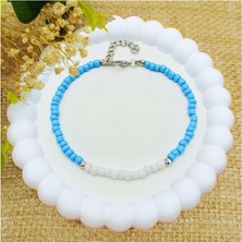 BijuStore Gümüş Renk Dorika Aparat - Mavi & Beyaz Renk Kum Boncuk Kadın Halhal