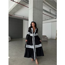 Ithal Poplin Kumaş &dantel Detaylı Uzun Gömlek Elbise-Siyah