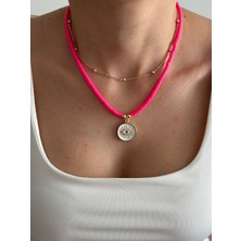 Hercy Fuşya Pembe Fimo Kolye ve Top Zincir Kolye | Göz Kolye | Ikili Kolye | Yazlık Kombin Kolye