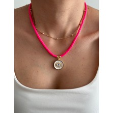 Hercy Fuşya Pembe Fimo Kolye ve Top Zincir Kolye | Göz Kolye | Ikili Kolye | Yazlık Kombin Kolye