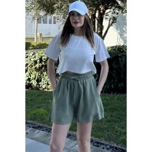 New Laviva Kadın Haki Cepli, Bağcıklı, Beli Lastikli, Salaş Müslin Şort