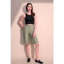 New Laviva Kadın Haki Kaliteli Cepli Duble Paça Keten Bermuda Şort