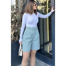 New Laviva Kadın Mint Kemerli, Yüksek Bel, Pliseli, Rahat Kesim, Gabardin Şort