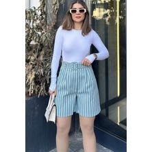 New Laviva Kadın Mint Kemerli, Yüksek Bel, Pliseli, Rahat Kesim, Gabardin Şort