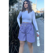 New Laviva Kadın Mor Kemerli, Yüksek Bel, Pliseli, Rahat Kesim, Gabardin Şort