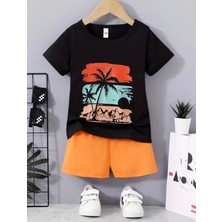 Punıx Kıds Face Özel Üretim Şeritli Palmiye Baskılı Erkek Çocuk T-Shırt  Şort  Takım