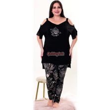 Quilling Siyah Renk Çiçekli 10955 Şık ve Rahat Büyük Beden Penye Pijama Takımı