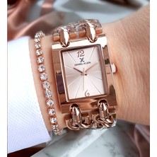 Yeni Model Kare Kasa Zincirli 3 Atm Su Geçirmez Rose Gold Kadın Kol Saati, Taşlı Bileklik Hediye
