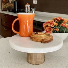 Agbtrend Mermer 28 cm Konik Ahşap Ayaklı Beyaz Kalın Yuvarlak Sunum Tabağı