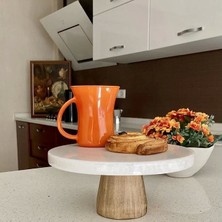 Agbtrend Mermer 28 cm Konik Ahşap Ayaklı Beyaz Kalın Yuvarlak Sunum Tabağı
