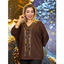 Yeşil Moda Abiye Bluz Kimono Kol V Yaka Taşli Işlemeli Örme Kumaş Yüksek Kalite Kahverengi