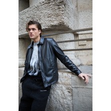 Danger Erkek Gömlek Yaka Deri Siyah Ceket