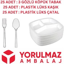 25 Adet Kullan At Toplu Yemek Seti 3 Gözlü Köpük Tabak, Çatal, Kaşık