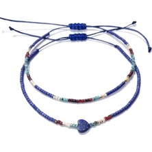 Funny Takı Kalp Şeklinde Lapis Lazuli Doğaltaşlı Mat Lacivert ve Desenli Miyuki Boncuklu Ikili Bileklik