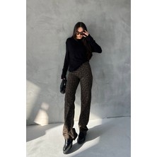 Haki Leopar Desen Yüksek Bel Denim Pantolon