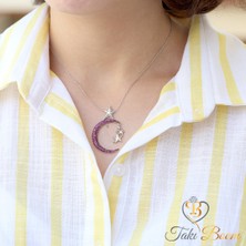 Kırmızı Taşlı Büyük Ay Yıldız Gümüş Kolye